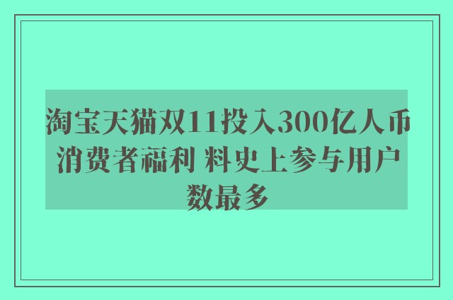 淘宝天猫双11投入300亿人币消费者福利 料史上参与用户数最多